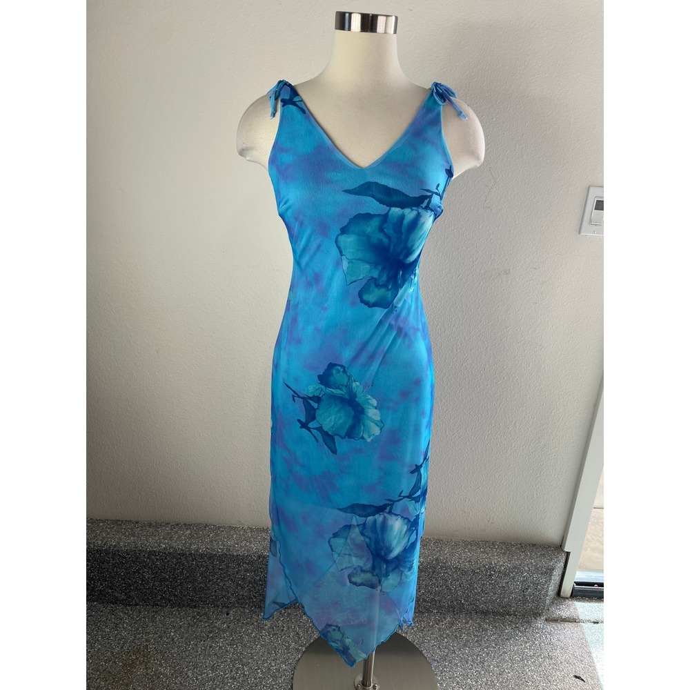Mirrors Small Vintage Y2K Blue Floral Mesh Handkerchief Hem Midi Dress Fairycore
